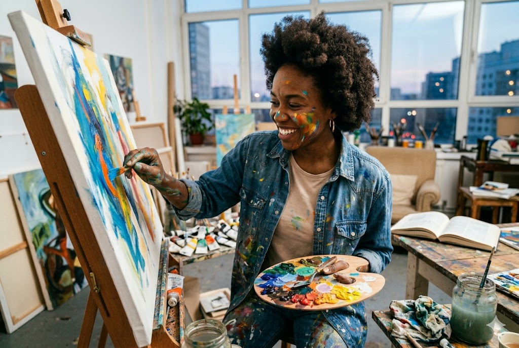 Dramatic portrait of a artist working in her shop, face illuminated by with happiness