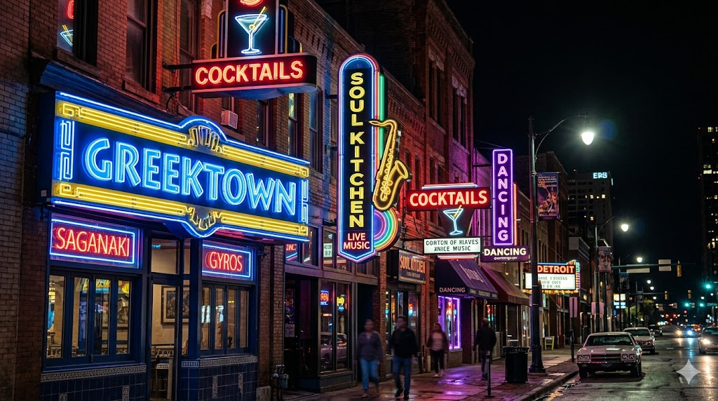 A nighttime view looking down a brightly lit neon street.